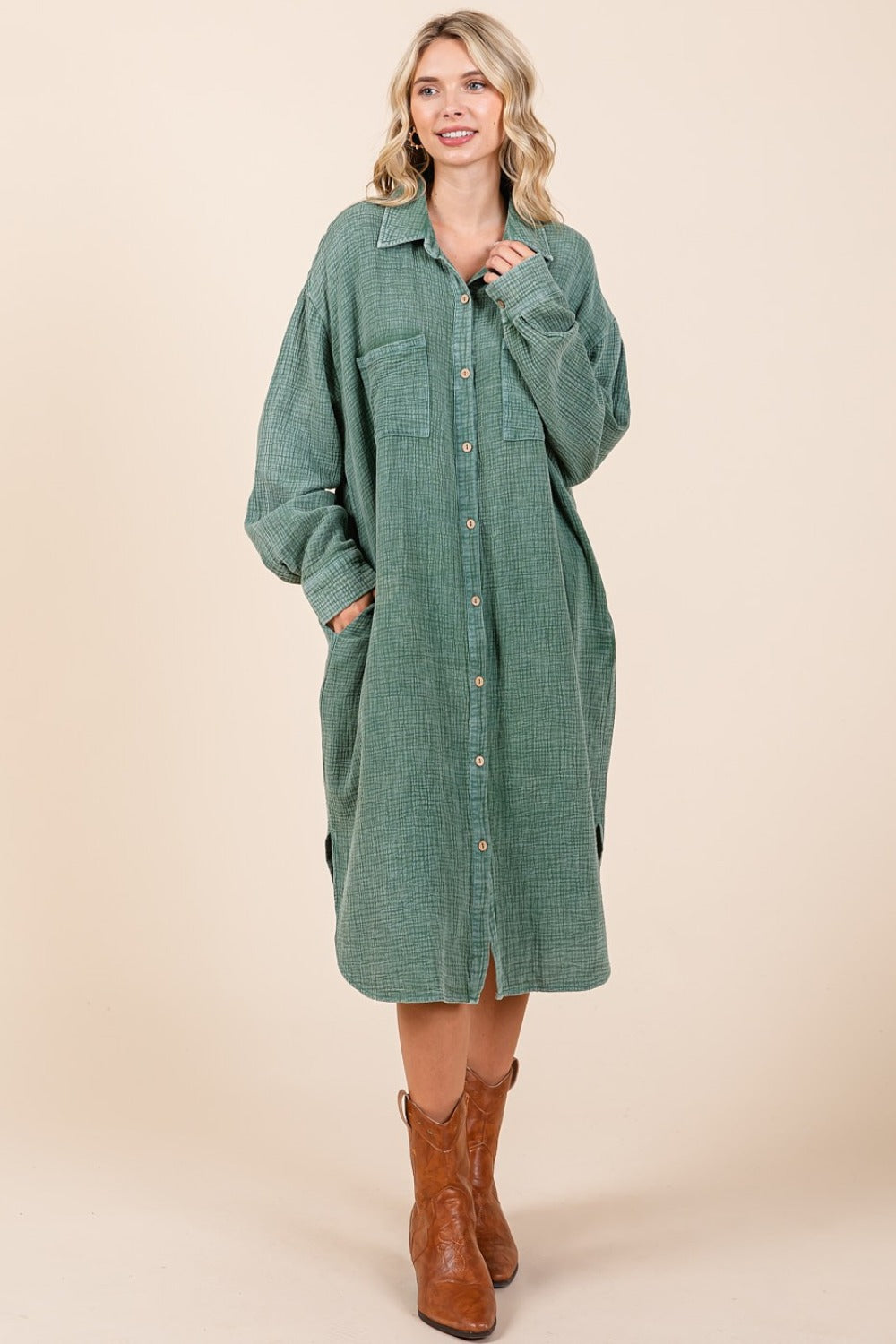 Mittoshop Mineral Wash Cotton Gauze Midi Shirt Dress